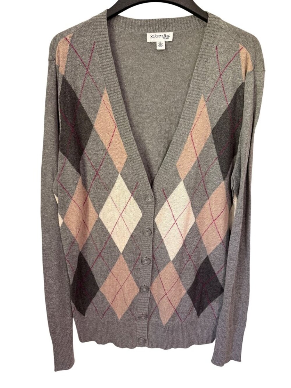 St. John's Bay Cardigan Gray Argyle V Neck Lightweight Womans XL